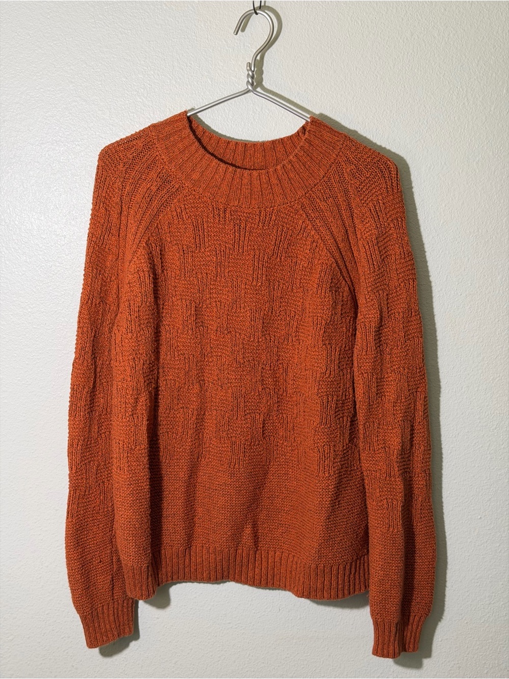 PrAna Women's Sz Large Orange Chunky Knit Crew Neck Pullover Basketweave Sweater